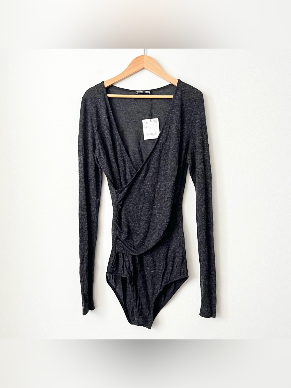 NWT Zara Women's Fine Knit Faux Wrap Bodysuit Size M Charcoal Gray Minimalist